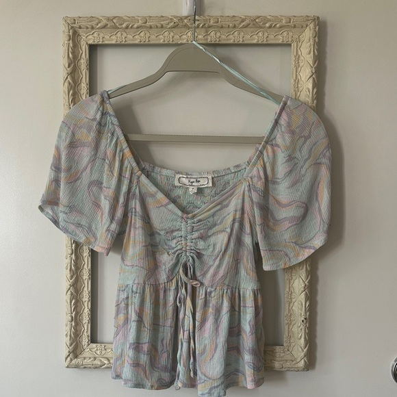 HIPPIE ROSE | Pastel Swirl Ruched Blouse - Picture 2 of 13